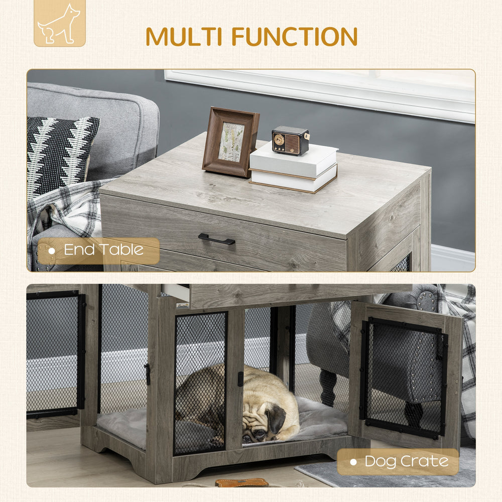 Dual-Door Dog Crate End Table with Drawer, Medium Size - Grey, PawHut,