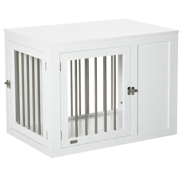 Dual-Door White Dog Crate Furniture for Medium Dogs, PawHut,