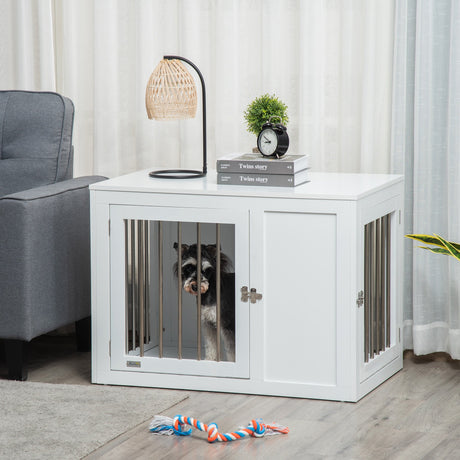 Dual-Door White Dog Crate Furniture for Medium Dogs, PawHut,