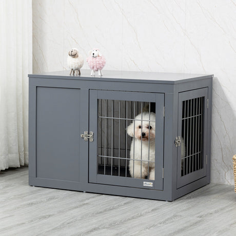 Dual-Function Grey Dog Crate & End Table for Small/Medium Dogs, PawHut,