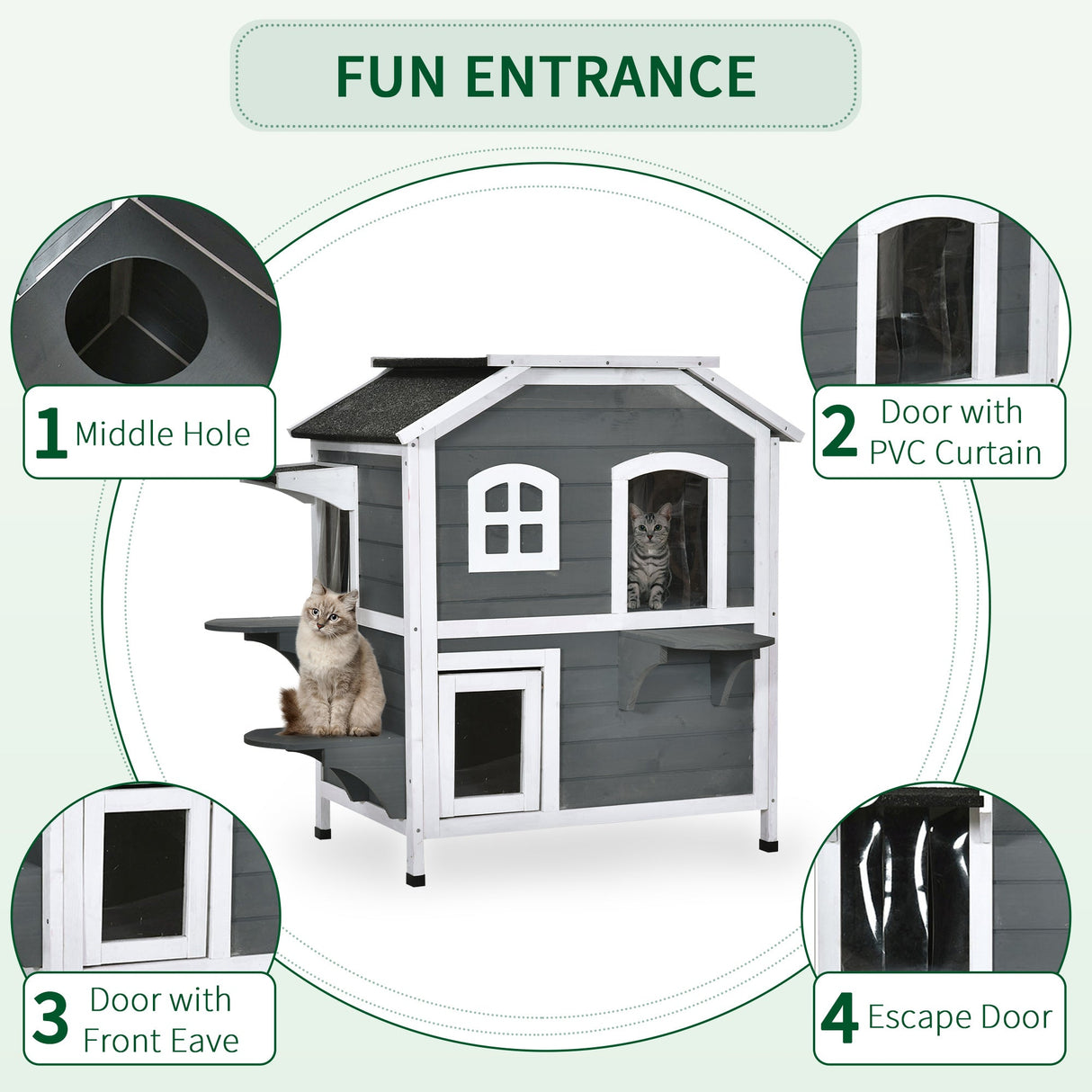 Dual-Level Wooden Cat House, Outdoor-Ready with Asphalt Roof, PawHut, Grey