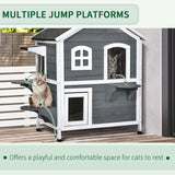 Dual-Level Wooden Cat House, Outdoor-Ready with Asphalt Roof, PawHut, Grey