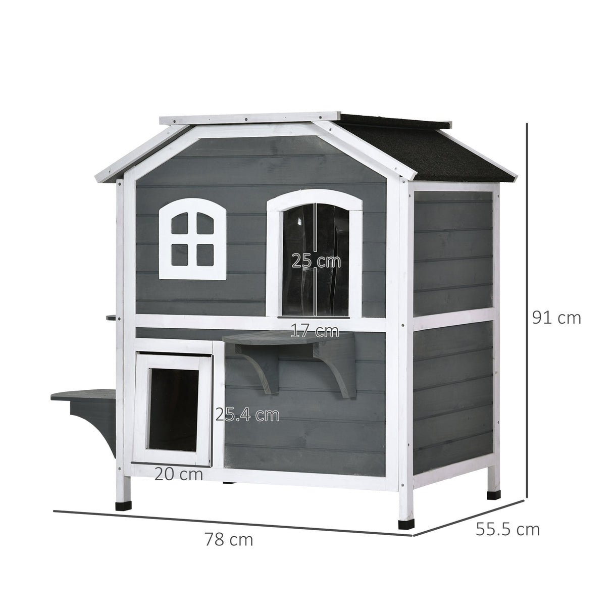Dual-Level Wooden Cat House, Outdoor-Ready with Asphalt Roof, PawHut, Grey