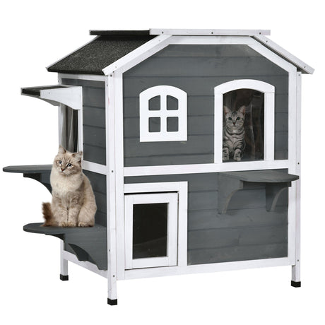 Dual-Level Wooden Cat House, Outdoor-Ready with Asphalt Roof, PawHut, Grey