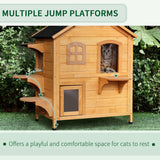 Dual-Level Wooden Cat House, Outdoor-Ready with Asphalt Roof, PawHut, Natural