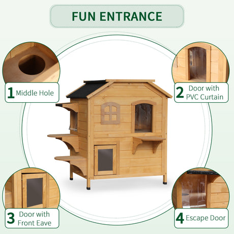 Dual-Level Wooden Cat House, Outdoor-Ready with Asphalt Roof, PawHut, Natural