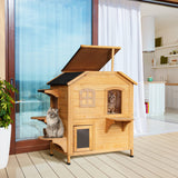 Dual-Level Wooden Cat House, Outdoor-Ready with Asphalt Roof, PawHut, Natural