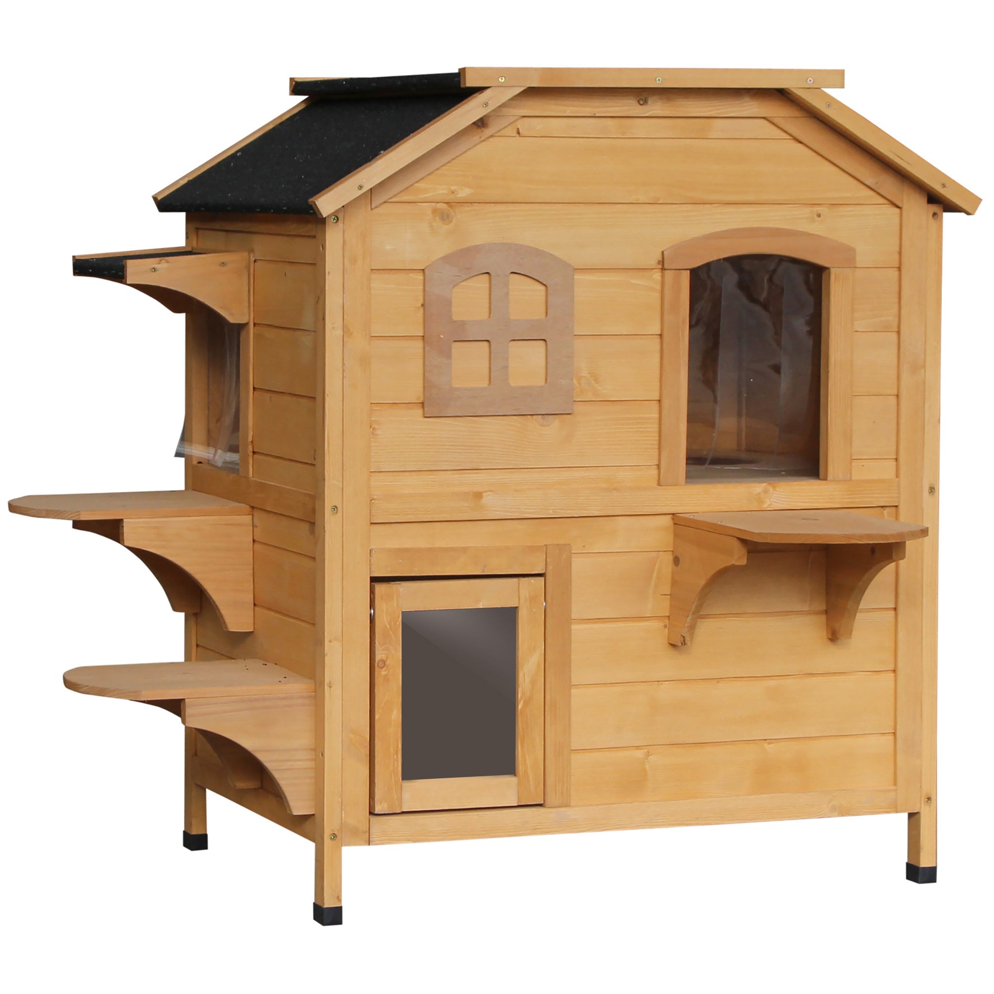 Dual-Level Wooden Cat House, Outdoor-Ready with Asphalt Roof, PawHut, Natural