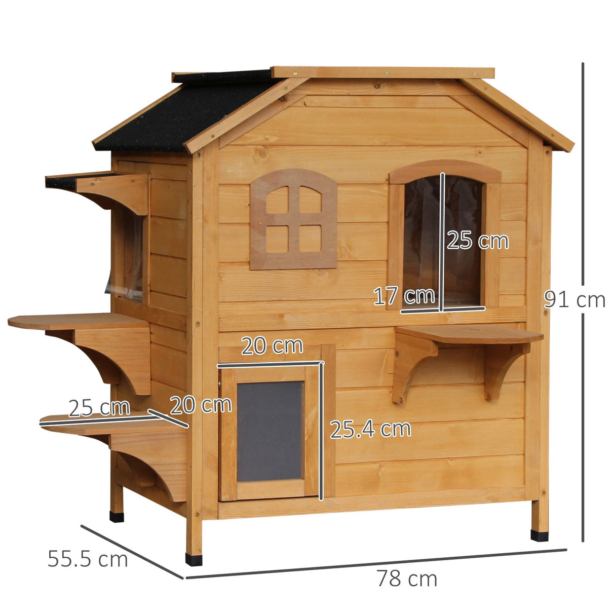 Dual-Level Wooden Cat House, Outdoor-Ready with Asphalt Roof, PawHut, Natural