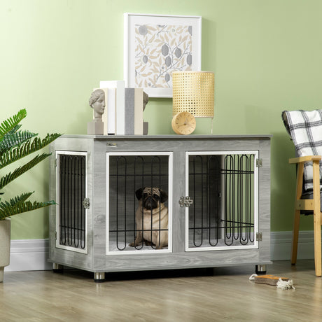 Dual-Use Dog Crate & End Table with Cushion - Medium/Large Dogs | Two Colours, PawHut, Grey