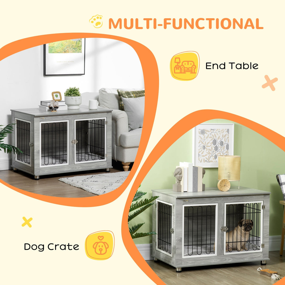 Dual-Use Dog Crate & End Table with Cushion - Medium/Large Dogs | Two Colours, PawHut, Grey