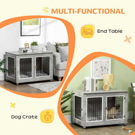 Dual-Use Dog Crate & End Table with Cushion - Medium/Large Dogs | Two Colours, PawHut, Grey