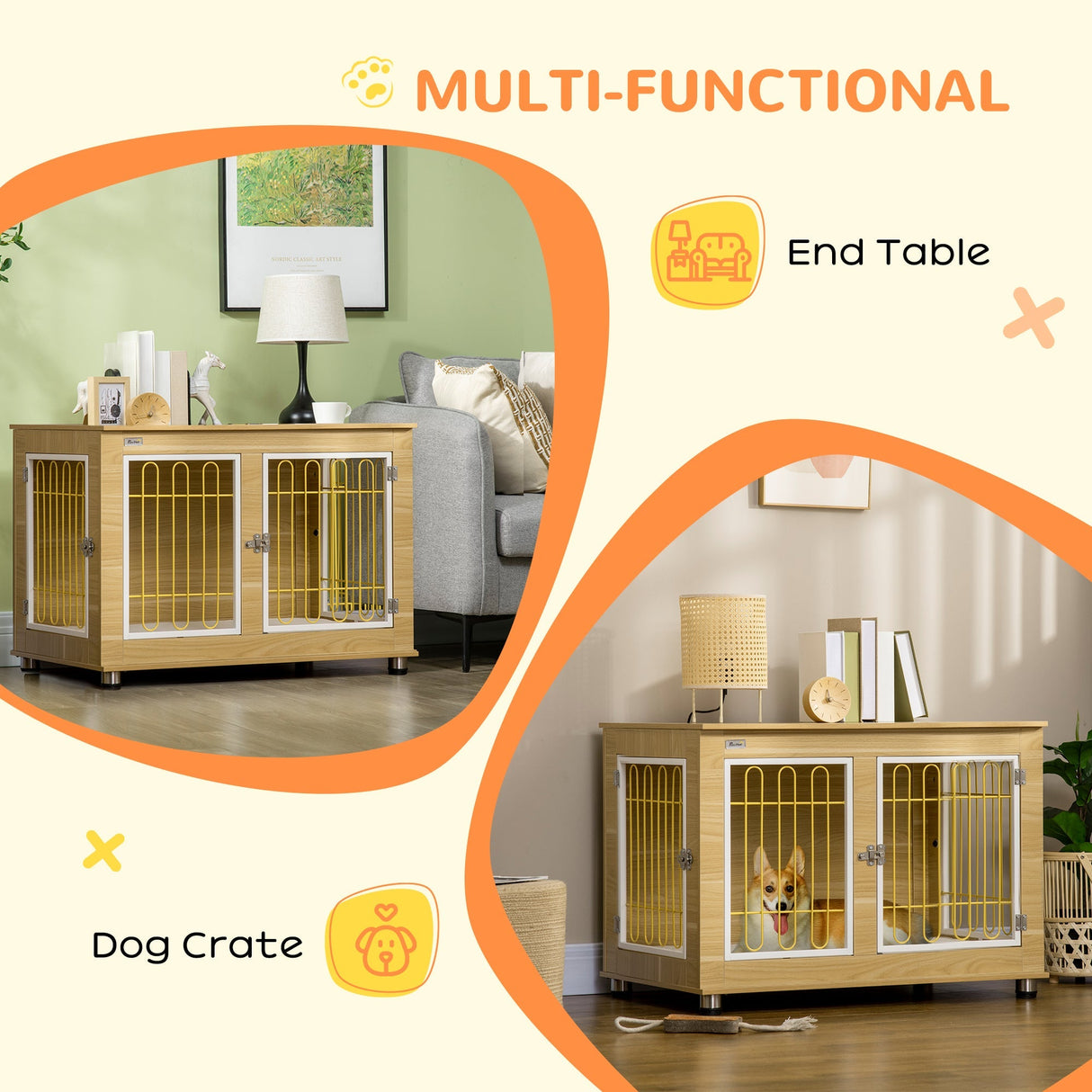 Dual-Use Dog Crate & End Table with Cushion - Medium/Large Dogs | Two Colours, PawHut, Oak Tone