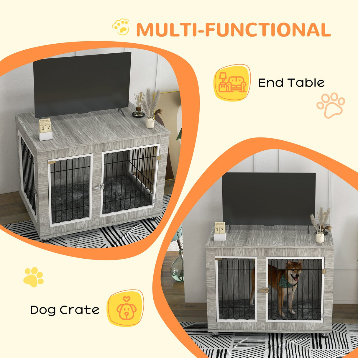 Dual-Use Large Dog Crate with Cushion - Grey, 106x74x81.5cm, PawHut,