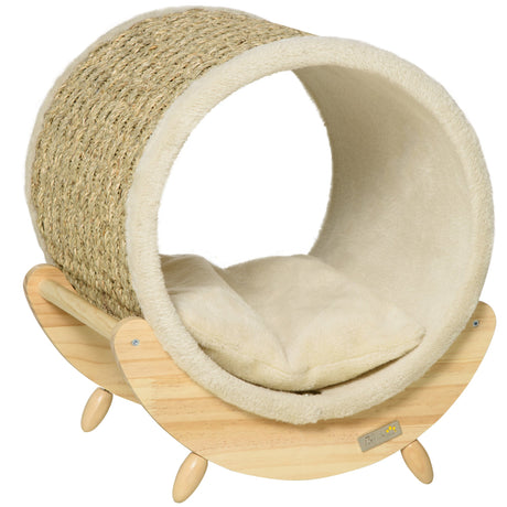Elevated Cat House, Kitten Bed, Pet Shelter, Wrapped with Scratcher, Soft Cushion, 41 x 38 x 43 cm, Khaki, PawHut,