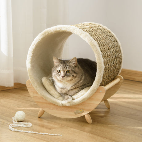 Elevated Cat House, Kitten Bed, Pet Shelter, Wrapped with Scratcher, Soft Cushion, 41 x 38 x 43 cm, Khaki, PawHut,