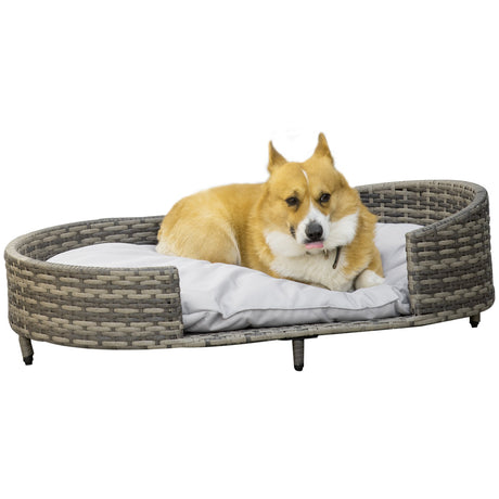 Elevated Wicker Dog Sofa, Rattan Cat Bed Hand Woven with Soft Cushion, Washable Cover, for Medium Dog, 96 x 65 x 29 cm, Grey, PawHut,