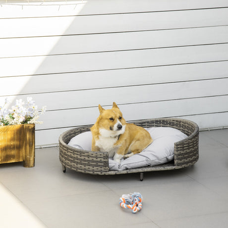 Elevated Wicker Dog Sofa, Rattan Cat Bed Hand Woven with Soft Cushion, Washable Cover, for Medium Dog, 96 x 65 x 29 cm, Grey, PawHut,