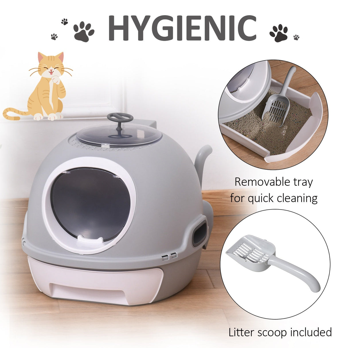 Enclosed Cat Toilet Box with Scoop, Skylight - Easy Clean, PawHut, Grey