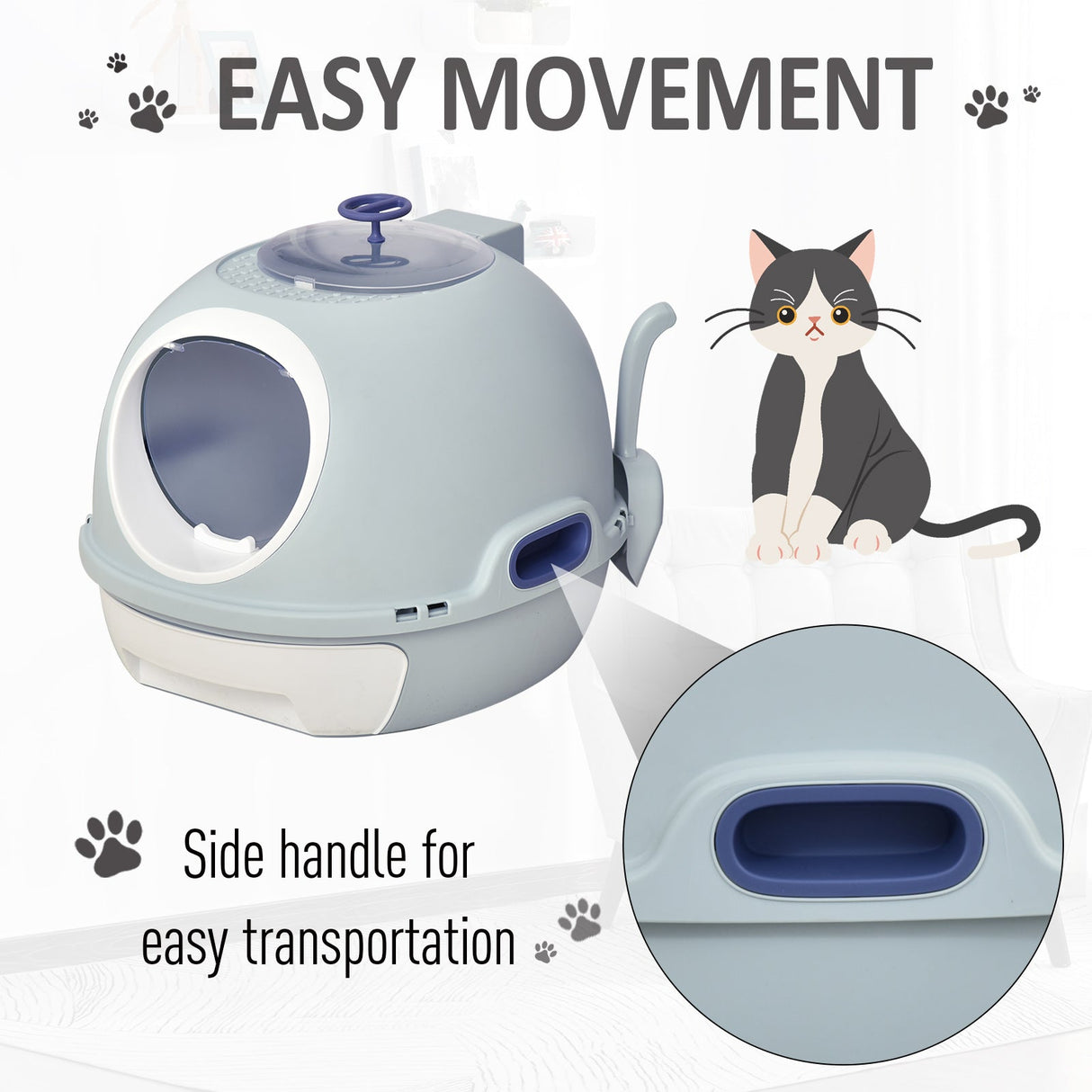 Enclosed Cat Toilet Box with Scoop, Skylight - Easy Clean, PawHut, Tile Blue