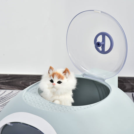 Enclosed Cat Toilet Box with Scoop, Skylight - Easy Clean, PawHut, Tile Blue