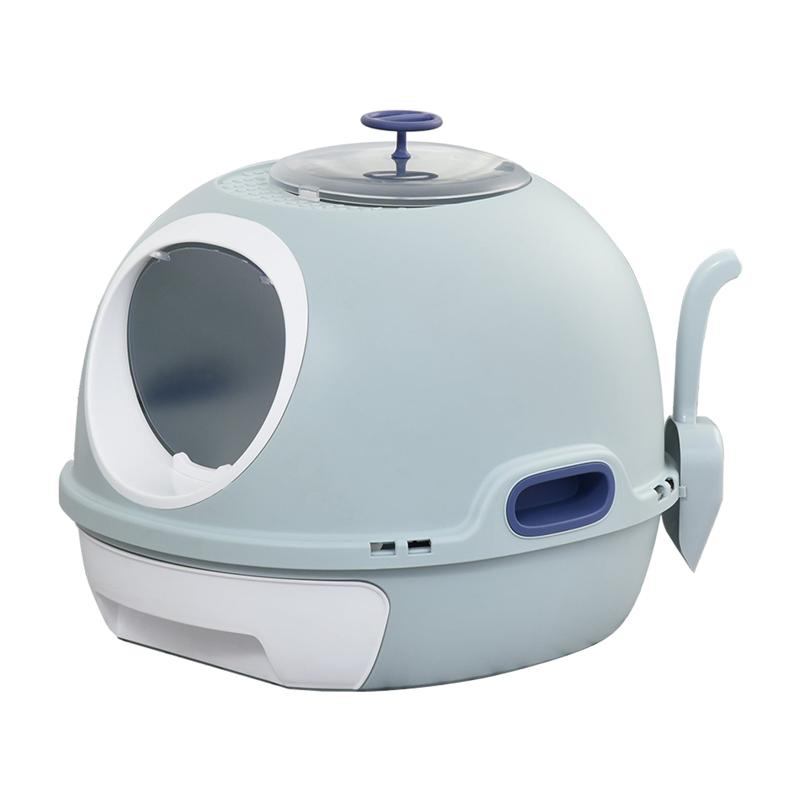 Enclosed Cat Toilet Box with Scoop, Skylight - Easy Clean, PawHut, Tile Blue