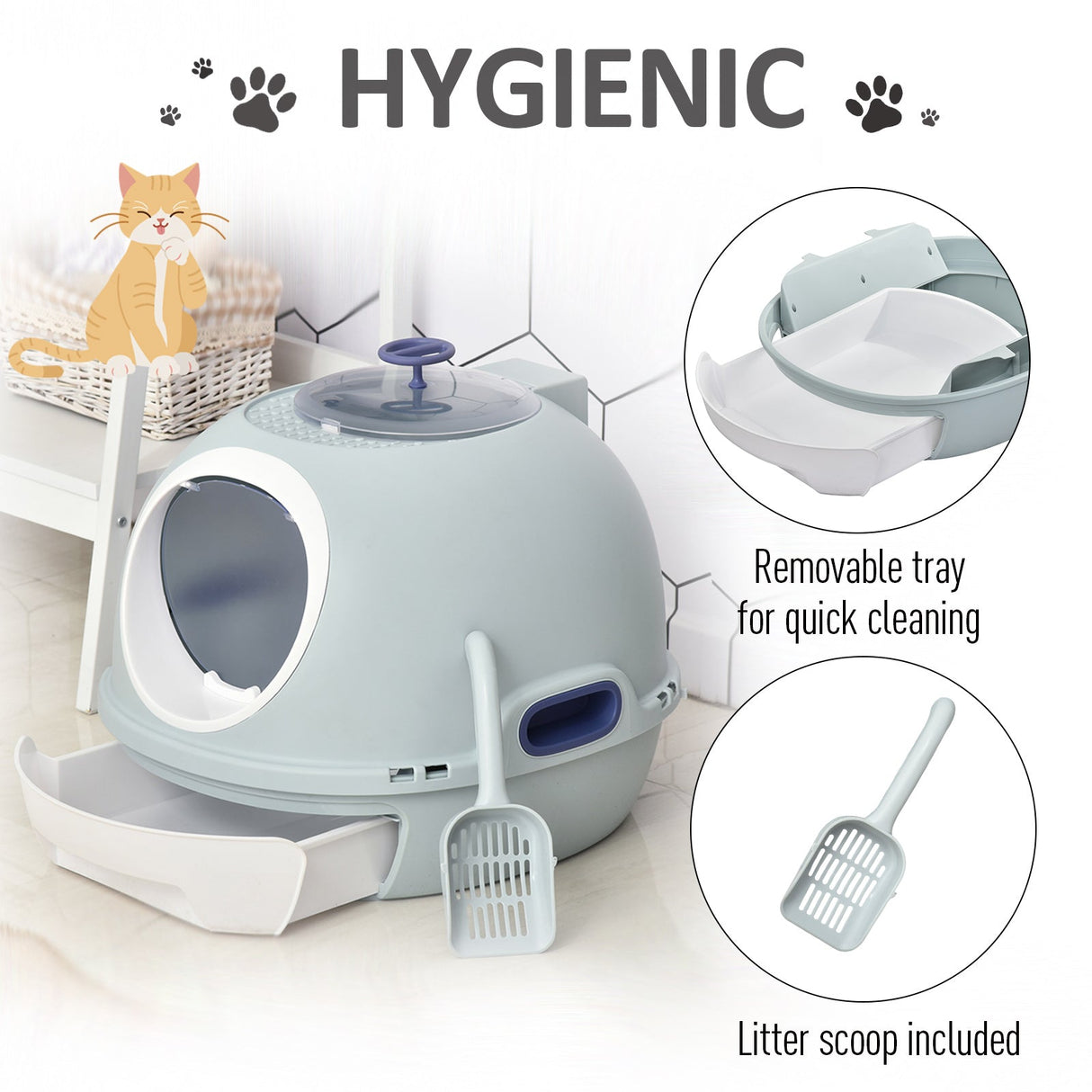 Enclosed Cat Toilet Box with Scoop, Skylight - Easy Clean, PawHut, Tile Blue