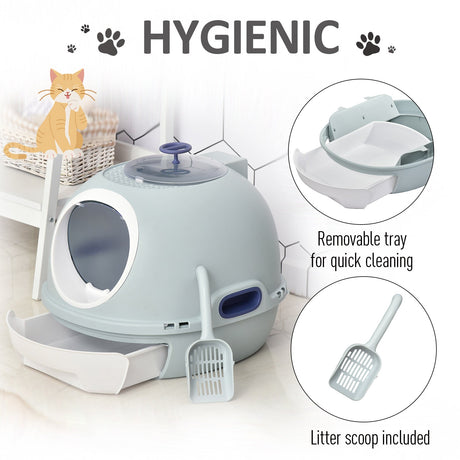 Enclosed Cat Toilet Box with Scoop, Skylight - Easy Clean, PawHut, Tile Blue