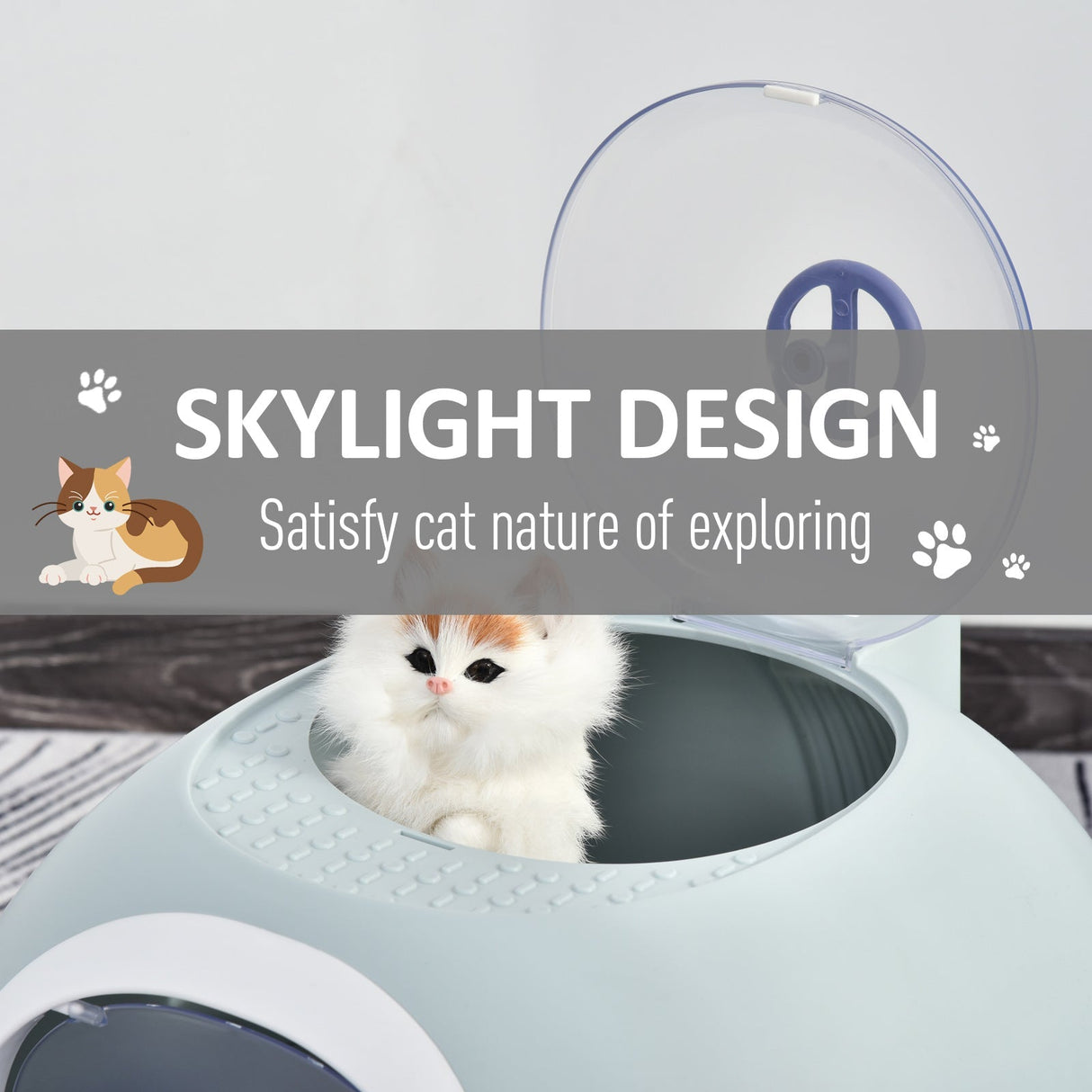 Enclosed Cat Toilet Box with Scoop, Skylight - Easy Clean, PawHut, Tile Blue