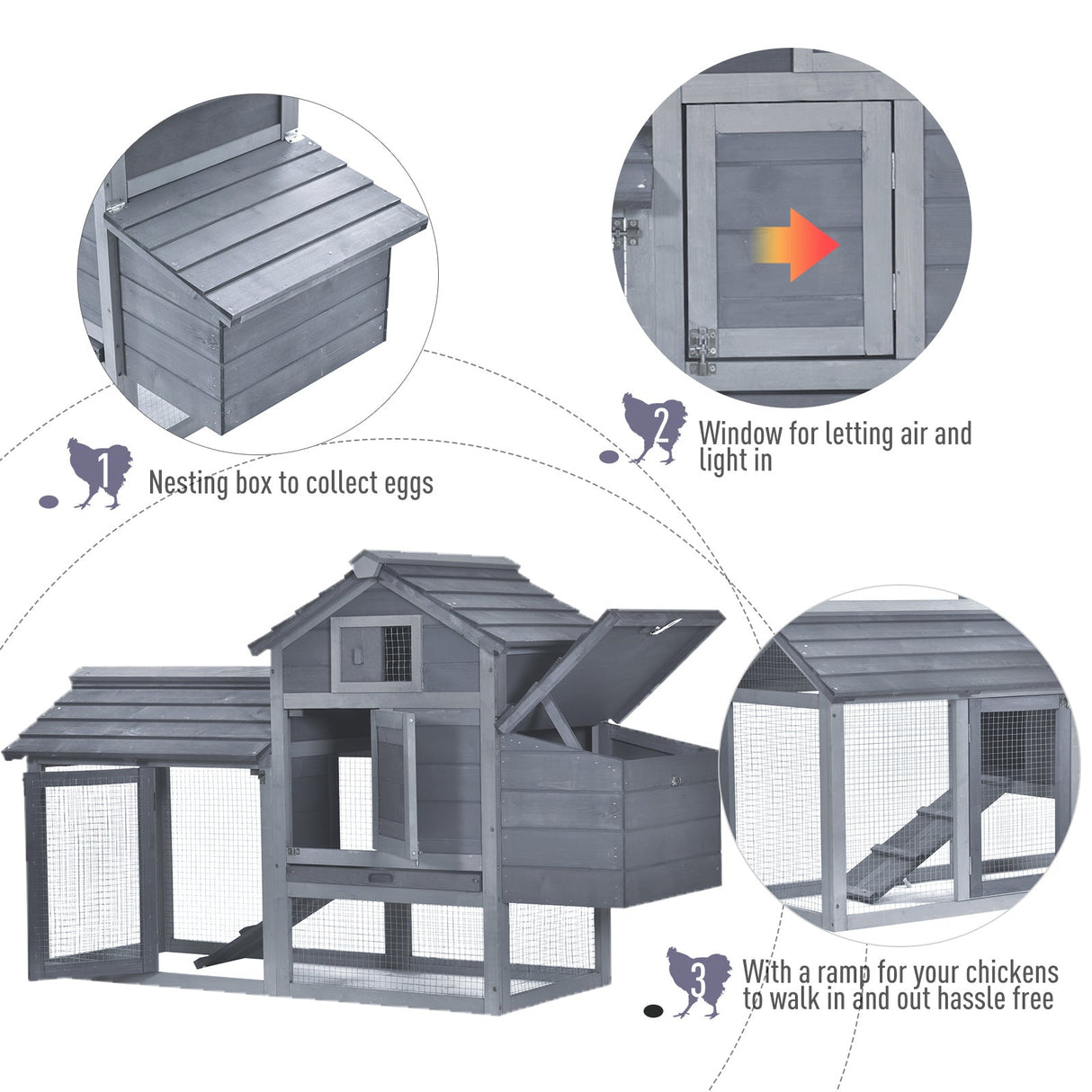 Enclosed Small Wooden Chicken Coop with Nesting Box, PawHut, Grey