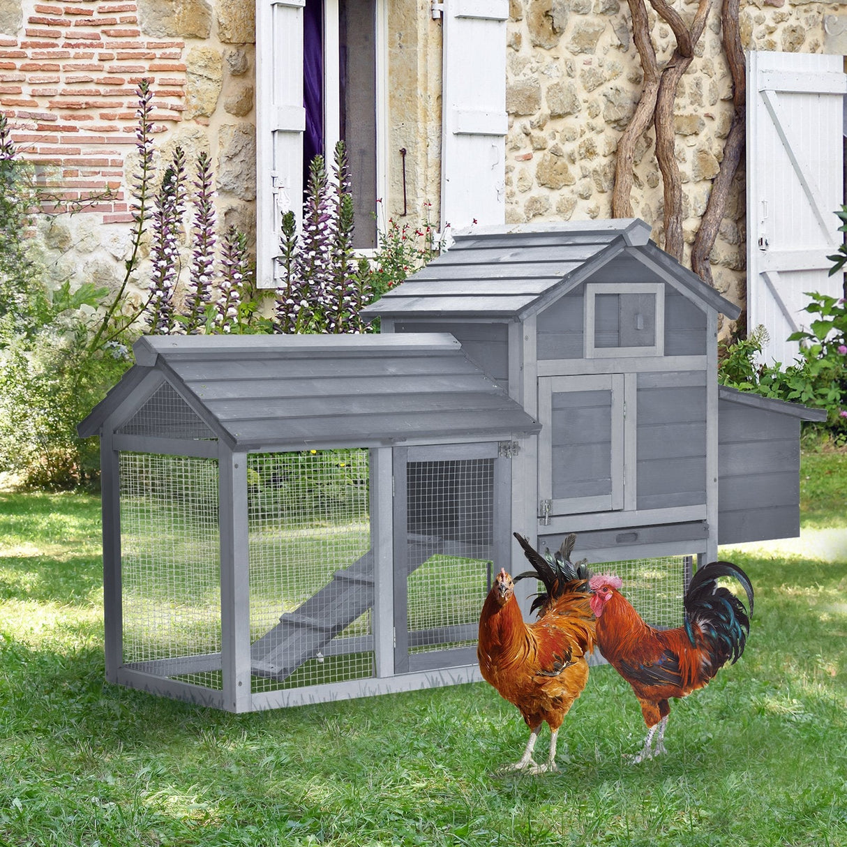 Enclosed Small Wooden Chicken Coop with Nesting Box, PawHut, Grey