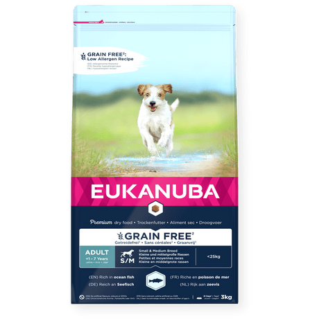 Eukanuba Grain Free Adult Small/Medium Breed Ocean Fish Dry Dog Food, Eukanuba, 3x3kg