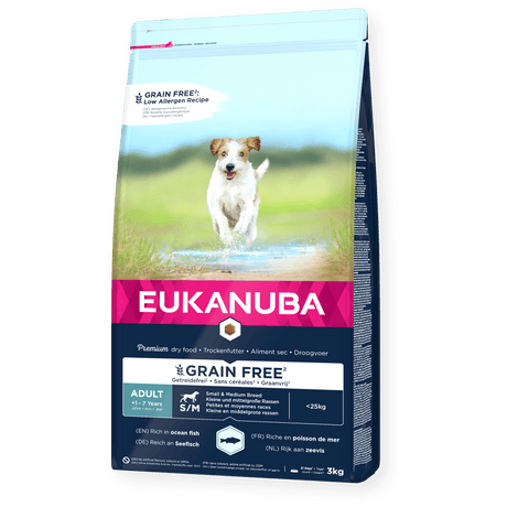 Eukanuba Grain Free Adult Small/Medium Breed Ocean Fish Dry Dog Food, Eukanuba, 3x3kg