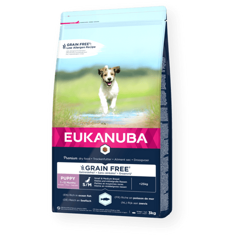 Eukanuba Grain Free Puppy Small/Medium Breed Ocean Fish Dry Dog Food, Eukanuba, 3X3kg