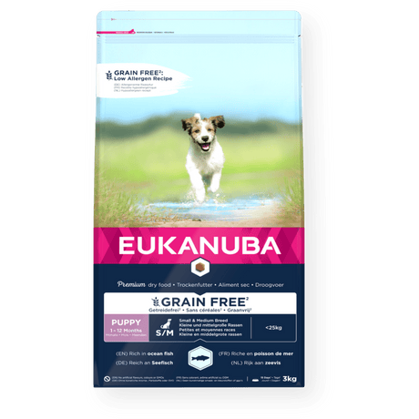 Eukanuba Grain Free Puppy Small/Medium Breed Ocean Fish Dry Dog Food, Eukanuba, 3X3kg