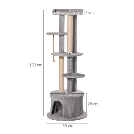 Φ55 x 150H cm Cat Tree Multi-level Kitten Tower w/ Scratching Post Condo Plush Perches Grey, PawHut,