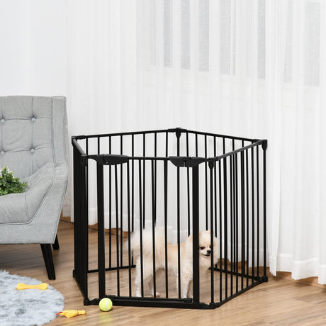 Five-Panel Pet Playpen or Safety Gate with Walk Through Door, PawHut, Black