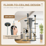 Floor to Ceiling Cat Tree, 6-Tier Play Tower Climbing Activity Center w/ Scratching Post, Hammock, Adjustable Height 230-250cm, PawHut, Beige