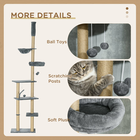 Floor to Ceiling Cat Tree, 6-Tier Play Tower Climbing Activity Center w/ Scratching Post, Hammock, Adjustable Height 230-250cm, PawHut, Beige