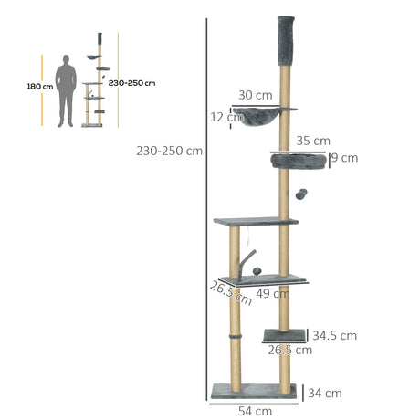 Floor to Ceiling Cat Tree, 6-Tier Play Tower Climbing Activity Center w/ Scratching Post, Hammock, Adjustable Height 230-250cm, PawHut, Beige