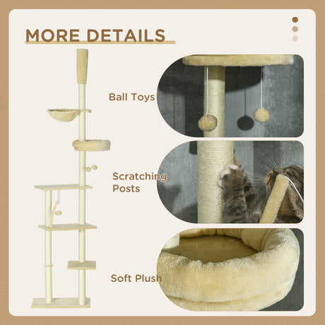 Floor to Ceiling Cat Tree, 6-Tier Play Tower Climbing Activity Center w/ Scratching Post, Hammock, Adjustable Height 230-250cm, PawHut, Beige