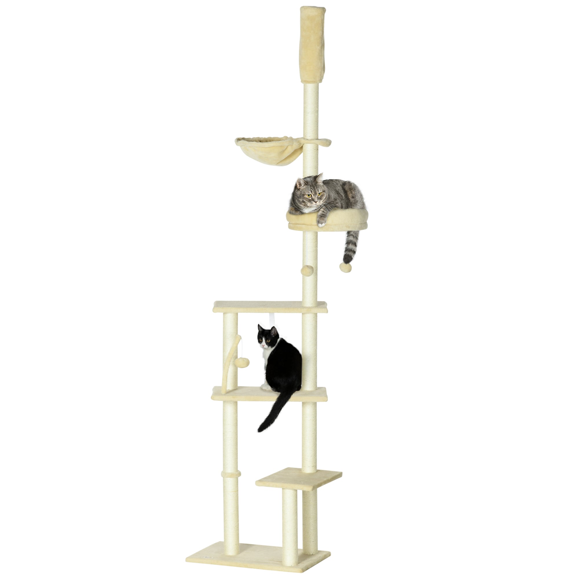 Floor to Ceiling Cat Tree, 6-Tier Play Tower Climbing Activity Center w/ Scratching Post, Hammock, Adjustable Height 230-250cm, PawHut, Beige