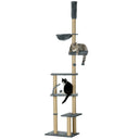 Floor to Ceiling Cat Tree, 6-Tier Play Tower Climbing Activity Center w/ Scratching Post, Hammock, Adjustable Height 230-250cm, PawHut, Beige