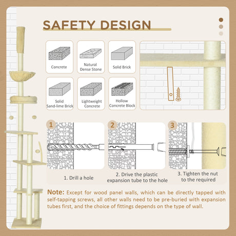 Floor to Ceiling Cat Tree, 6-Tier Play Tower Climbing Activity Center w/ Scratching Post, Hammock, Adjustable Height 230-250cm, PawHut, Beige