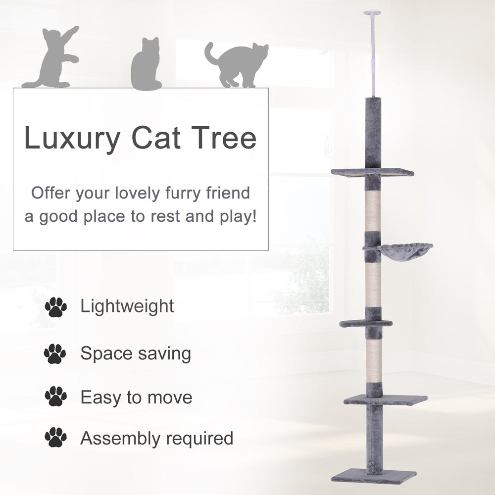 Floor to Ceiling Cat Tree for Indoor Cats 5-Tier Kitty Tower Climbing Activity Center Scratching Post Adjustable Height 230-260 cm, PawHut, Brown