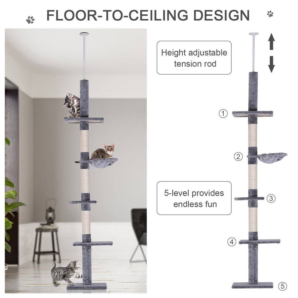 Floor to Ceiling Cat Tree for Indoor Cats 5-Tier Kitty Tower Climbing Activity Center Scratching Post Adjustable Height 230-260 cm, PawHut, Brown