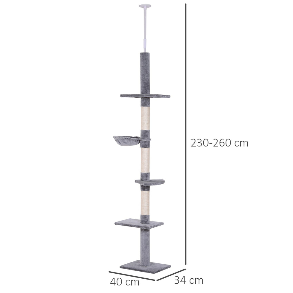 Floor to Ceiling Cat Tree for Indoor Cats 5-Tier Kitty Tower Climbing Activity Center Scratching Post Adjustable Height 230-260 cm, PawHut, Brown