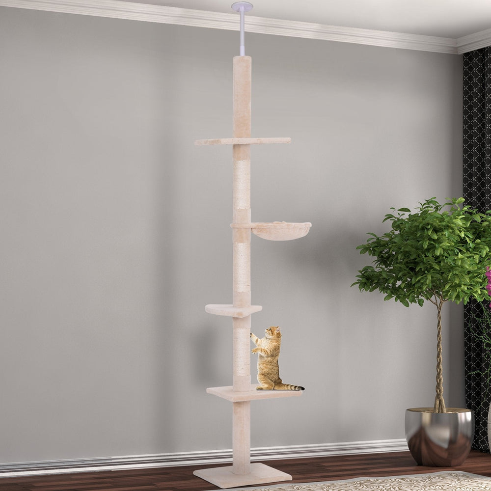 Floor to Ceiling Cat Tree for Indoor Cats 5-Tier Kitty Tower Climbing Activity Center Scratching Post Adjustable Height 230-260 cm, PawHut, Brown