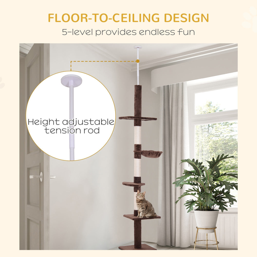 Floor to Ceiling Cat Tree for Indoor Cats 5-Tier Kitty Tower Climbing Activity Center Scratching Post Adjustable Height 230-260 cm, PawHut, Brown