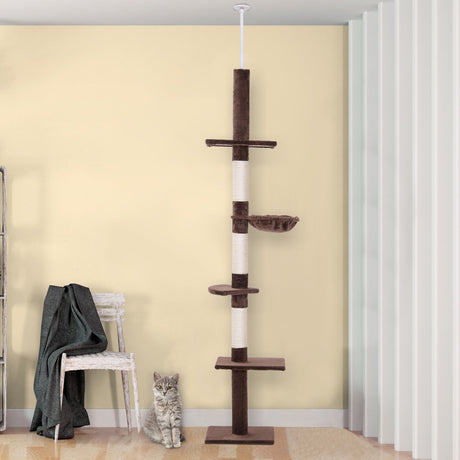 Floor to Ceiling Cat Tree for Indoor Cats 5-Tier Kitty Tower Climbing Activity Center Scratching Post Adjustable Height 230-260 cm, PawHut, Brown